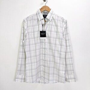 Nordstrom Size S Mens Tech-Smart Trim Fit Plaid Button Up Dress Shirt in White